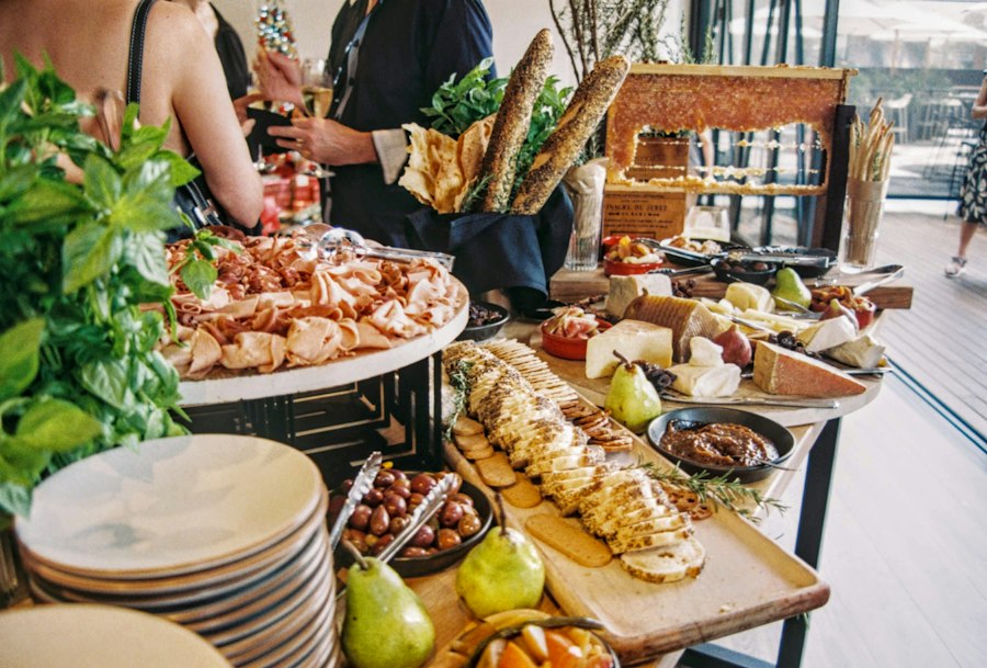 A neatly arranged buffet table for a corporate gathering